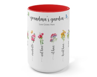 Taza de café del jardín de la abuela, taza de la flor del mes de nacimiento, regalo personalizado para la abuela, taza del jardín de la abuela, taza de la abuela personalizada, día de la madre, 15 oz