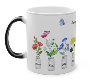 Regalo de taza mágica de Grandma's Garden con nombres de nietos, taza de abuela floral personalizada con nombres de nietos, flor de acuarela personalizada, 11 oz.