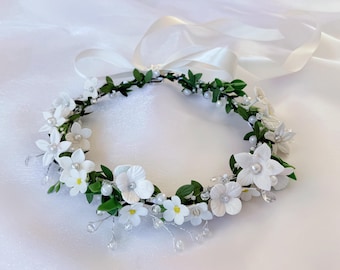Diadema para niña de las flores, corona floral marfil personalizada, accesorio para niña de las flores de boda, diadema de cinta ajustable, corona de follaje hecha a mano
