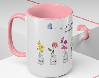 Regalo de taza de flor de nacimiento para la abuela, regalo de jardín de abuelas, impresión familiar de flores de nacimiento, regalo del día de la madre abuela, abuela de flores de nacimiento, 15 oz