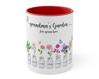 Una hermosa taza de café de dos tonos, taza floral personalizada de la abuela con nombres de nietos, regalo de flores de acuarela personalizada, regalo para mamá, 11 oz.