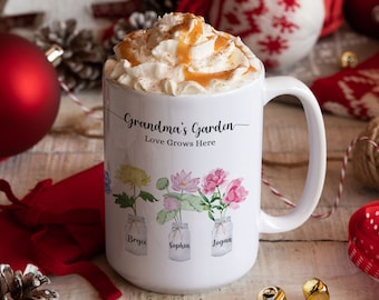 Taza personalizada de flores de acuarela de apellidos, regalo único del día de la madre para la abuela, jardín de flores familiar, regalo para la abuela, regalo para mamá