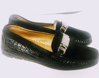 Michael Pasinkoff  Black Leather Suede Loafers Girls  Vintage Sz 6 US / Sz 35 EU