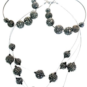Large Hoop Earrings Disco Balls Gray and Necklace Set Vintage