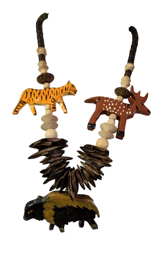 Vintage Wooden Safari Animal Necklace Brown and Ta