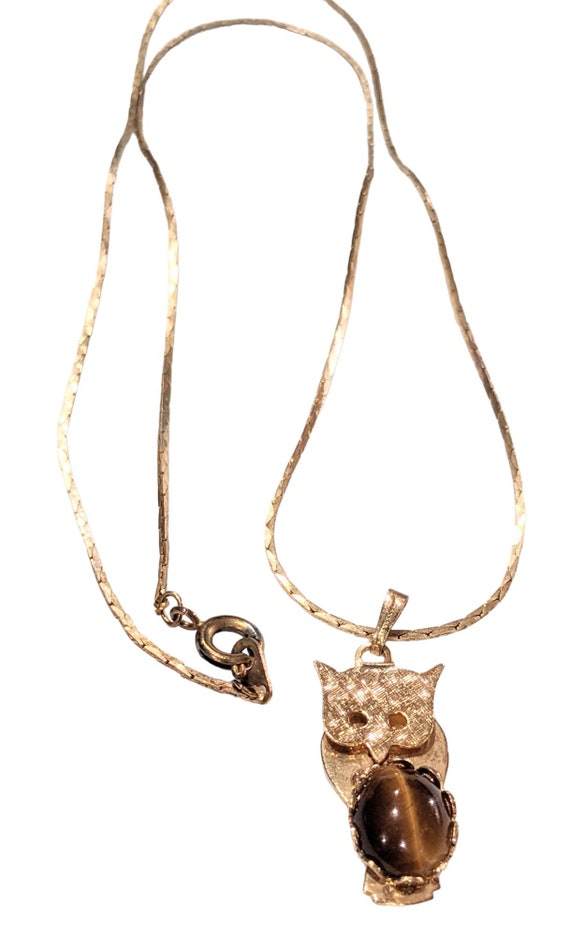 Vintage Owl Pendant Necklace Brown Tiger Owl Gold… - image 1