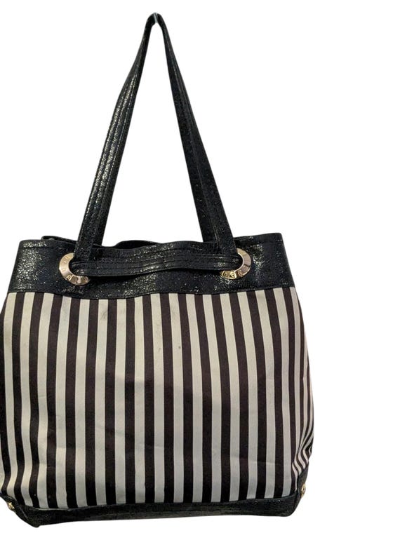 Henri Bendel Striped Handbag Signature Navy Blue and White Large