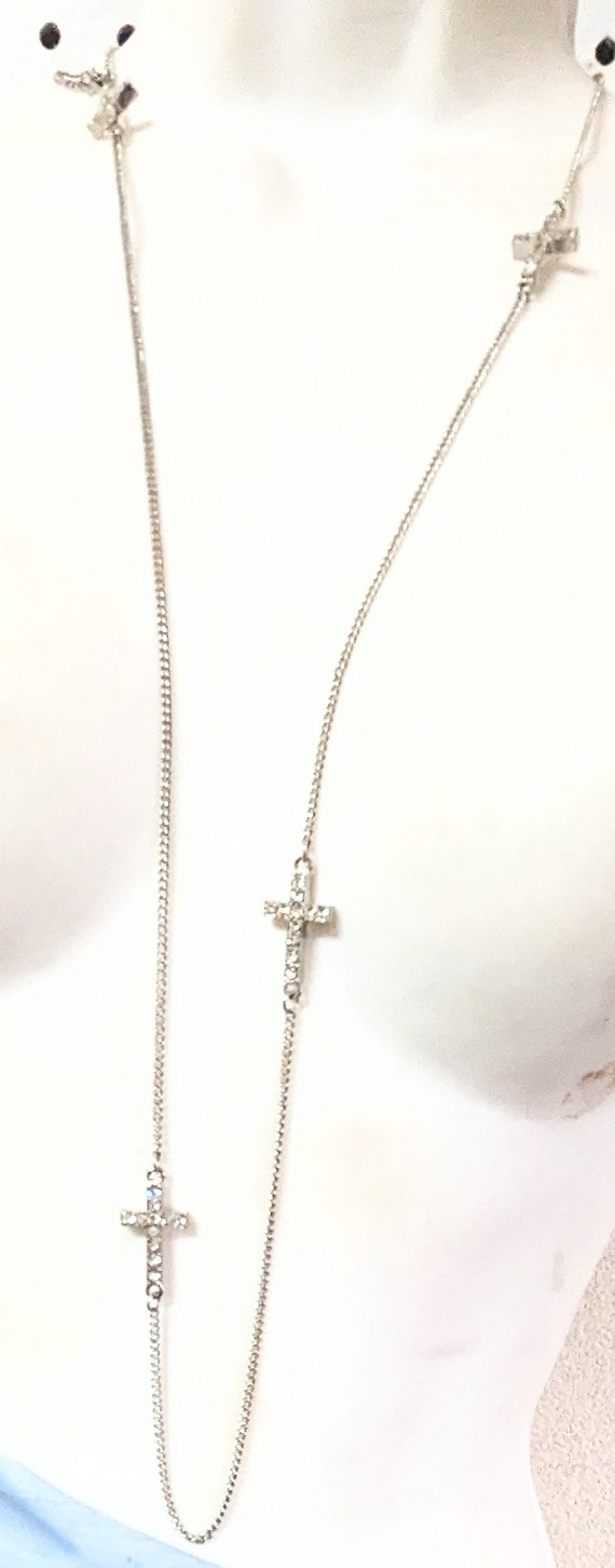 Vintage Rhinestone Crosses Silver Tone Necklace  … - image 2