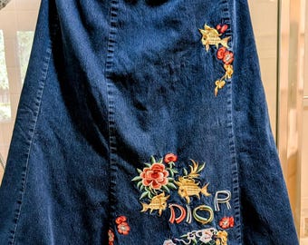 Vintage Christine Dior Blue Embroidered Denim Skirt Sz XL