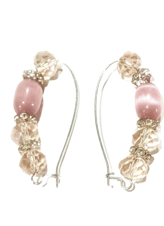 Pink Crystal Bead Earrings  Pierced Wire Post Drop