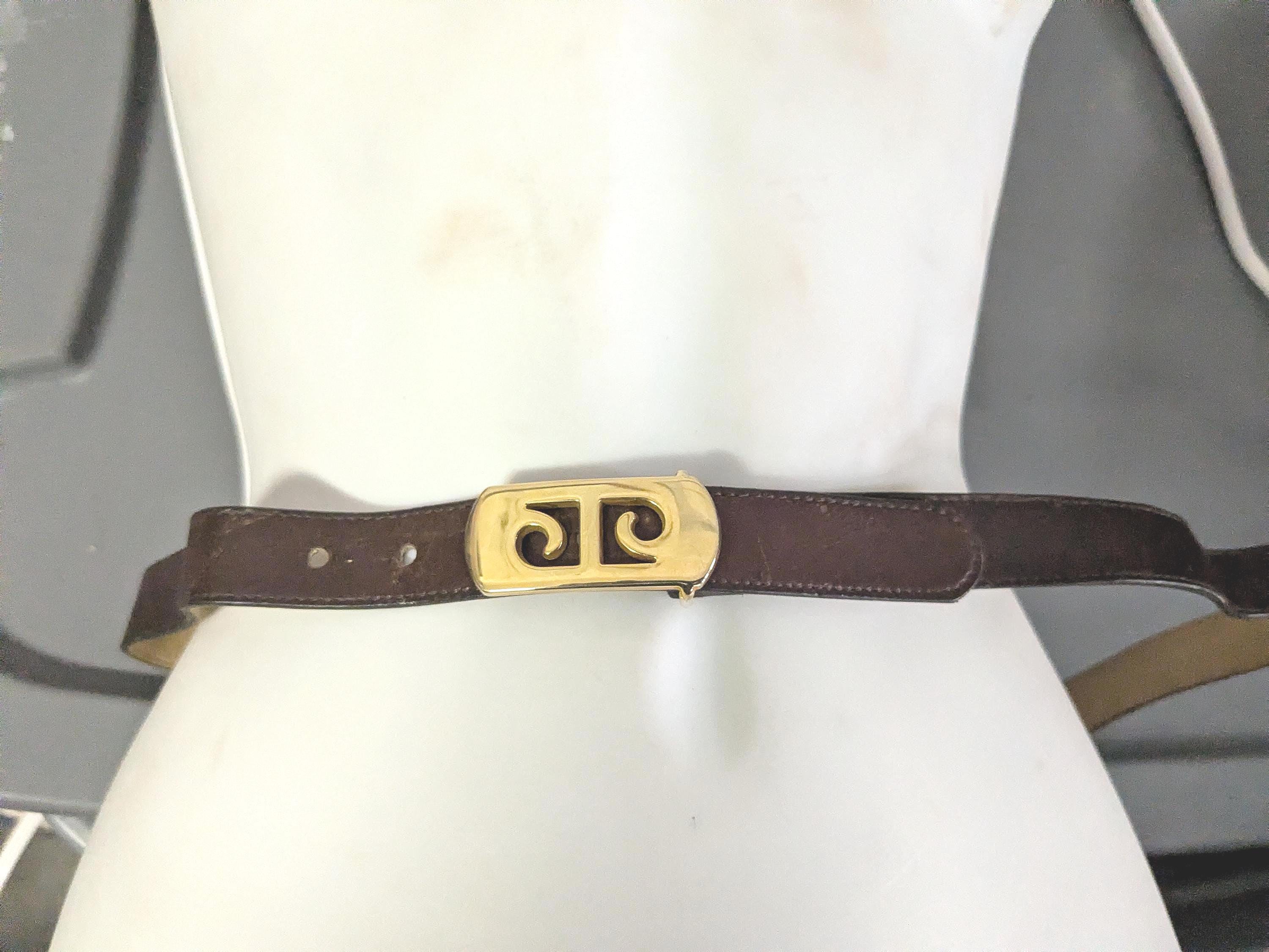 70s Pierre Cardin Red Leather Skinny Belt w Gold Logo Buckle | 31.5 - 37\