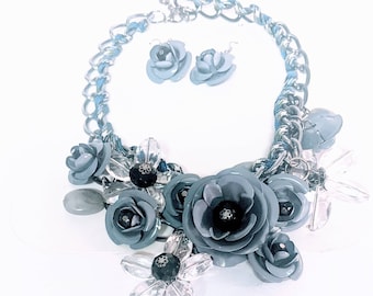 Gray Rose Statement Collier et Boucle d’oreille Bijoux Set pour Femmes vintage