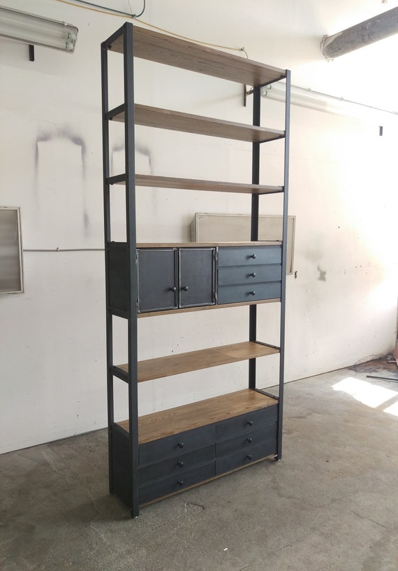 Modern Industrial Bookcase Ash Wood With Drawers And Cabinet Etsy