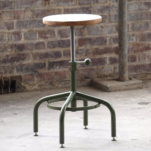 Factory Green Oak Industrial Stool Adjustable Drill Press Stool bar stools