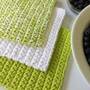 Set of 3 Hand-Crocheted Potholders in Lime Green and Eggshell White--Table Setting/Spring Summer Kitchen Accessories/Outdoor Party