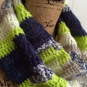 Fall Scarf--DISCONTINUED--Teen/Collegiate/Women&#39;s 50 Inch Random Infinity Navy & Lime Scarf--Gift Idea for Her/Fall Fashion Accessory