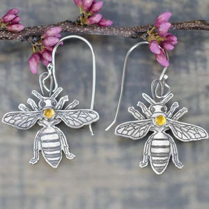 Handmade Acid Etched Sterling Silver Queen Honey bee with Citrine Earrings