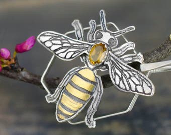 Handmade Acid etched Sterling Silver and 24 Karat Gold Keum Boo and Faceted Citrine Accented Queen Bee on the Hive Pendant