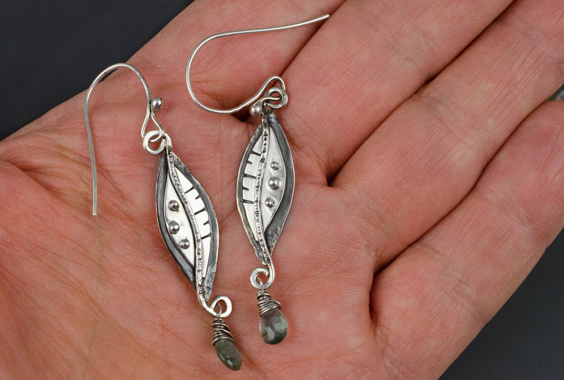 Sterling Silver Metalwork Organic Shape Dangle Earrings With Faceted Moss Aquamarine Briolette