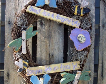 Dragonflies, Butterfiles,Bumble Bees and Flowers  adorn this beautiful Wreath Wood Craft Pattern