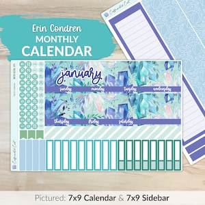 May include: A printable planner page with a watercolor background featuring blue and purple crystals and green leaves. The page is labeled "January" and includes boxes for each day of the week. The page is designed for use with a 7x9 inch planner.