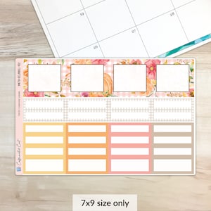 May include: A set of 7x9 inch printable planner stickers with a fall theme. The stickers feature a gingham pattern, pumpkins, and floral designs. The stickers are designed for use in a planner or calendar.