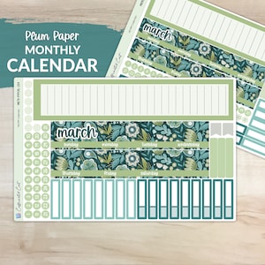May include: A printable monthly calendar planner with a floral design in shades of green and blue. The calendar is labeled "March" and includes days of the week and numbered dates. The calendar is part of a larger set of printable planner pages.