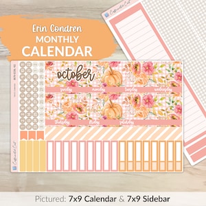 May include: A printable planner sticker sheet featuring a floral and pumpkin design. The sheet includes a 7x9 calendar grid for the month of October and a 7x9 sidebar for notes. The calendar grid has days of the week labelled and numbered squares for each day. The sidebar has blank lines for writing.