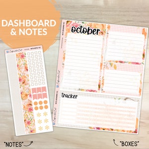 May include: A printable planner dashboard and notes sticker sheet with a fall theme. The dashboard includes a tracker, a notes section, and a large box for writing. The notes sticker sheet has a floral design with pumpkins, stars, and circles.
