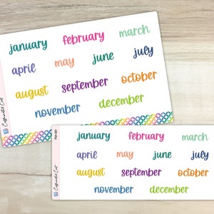 May include: Two sheets of colorful monthly planner stickers with the months of the year written in a handwritten font. The stickers are on a white background with a colorful border.