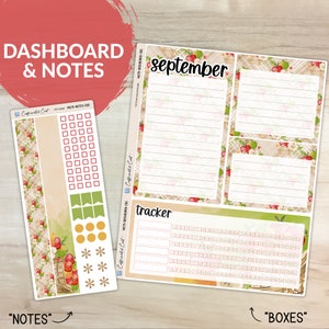May include: A printable planner dashboard and notes page with a fall theme. The design features apples, baskets, and a plaid pattern in shades of red, green, brown, and white. The text "september" and "tracker" are included.