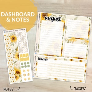 Może przedstawiać: Zestaw naklejek do planera do wydrukowania w stylu słonecznika. Zestaw zawiera pulpit nawigacyjny z napisem "sierpień" i tracker, sekcję notatek z siatką kwadratów i sekcję z polami. Naklejki są przeznaczone do użytku w planerze lub dzienniku.