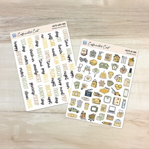 May include: Two sheets of stickers with a yellow and white color scheme. One sheet features a variety of doodle icons, including a coffee cup, a house, a pizza slice, a book, a camera, a car, a heart, a shopping cart, and a laptop. The other sheet features a variety of words and phrases related to daily life, such as "coffee time", "hair appt", "date night", "grocery shop", "trash day", "doctor appt", "laundry day", "grocery pickup", and "clean house".