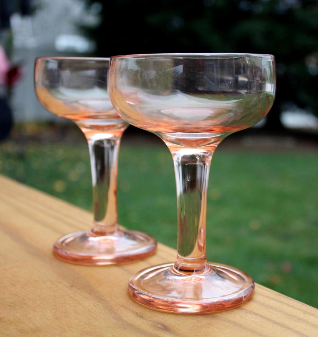 2 PINK CHAMPAGNE STEMWARE Thick Glasses or Pale Peach Color 1950's Mcm ...