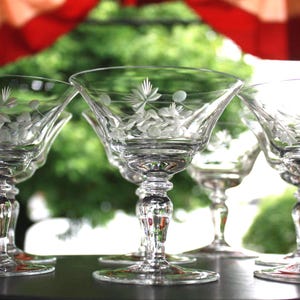 7 VINTAGE FLORAL STEMWARE Etched Champagne Sorbet Sherbet Wine Cocktail Glasses Barware Orlean by Arcadia Martini Wedding Bridal Party Cup