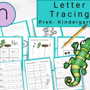 May include: A printable worksheet for preschool and kindergarten students to practice tracing the letter 'n'. The worksheet features a cartoon lizard and includes several activities, such as connecting the dots, tracing the letter, and identifying the letter 'n' in a group of letters.