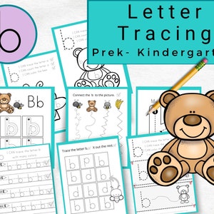 May include: A set of printable letter tracing worksheets featuring a teddy bear theme. The worksheets include uppercase and lowercase letter tracing, connecting the dots, and letter identification activities. The worksheets are designed for preschool and kindergarten students.