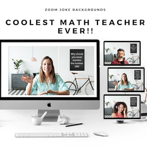 May include: A computer screen displaying a Zoom meeting with a woman in a blue shirt talking to the camera. The screen is on a white desk with a keyboard, mouse, and a crumpled piece of paper. The screen shows a math joke: "Why should you never mention the number 288?"