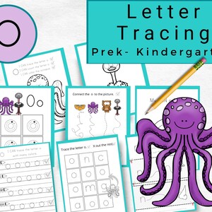 May include: Printable letter tracing worksheets for preschool and kindergarten featuring the letter O. The worksheets include tracing lines, connecting the dots, and identifying the letter O among other letters. The worksheets feature an octopus illustration.