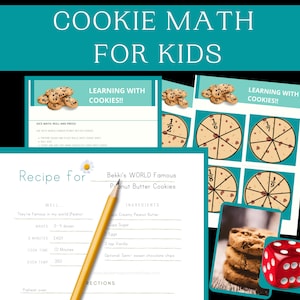 Puede incluir: Una tarjeta de receta imprimible para galletas de mantequilla de maní con una ilustración colorida de galletas y un dado. La tarjeta de receta incluye instrucciones para hacer las galletas, incluidos los ingredientes, el tiempo de cocción y la temperatura del horno. La tarjeta también incluye una sección para aprender con galletas, que presenta una actividad de lanzamiento de dados y presionar.