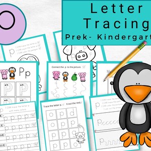 May include: A printable worksheet for preschool and kindergarten students to practice tracing the letter "P". The worksheet features a penguin, a pig, and a pear. The text "Letter Tracing" and "Prek-Kindergarten" is at the top of the page.