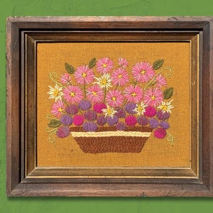 Vintage 70s Crewel Flower Basket Wall Art - Solid Wood Frame