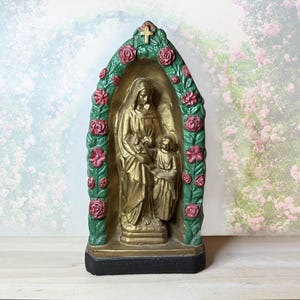 Vintage Chalkware Mary and Jesus Altar: Hand-Painted Floral Religious Decor