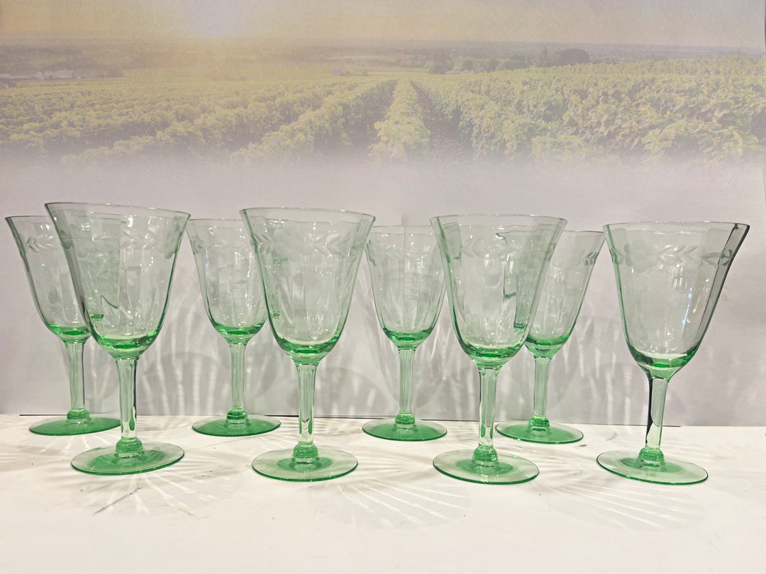 Vintage Green Depression Wine Glasses With Ribbed and Etched Floral