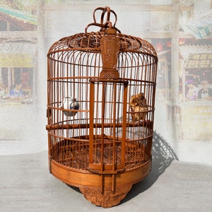 Large Hand Crafted Vintage Chinese Bamboo Birdcage with porcelain bowl and bird, c 30&#39;s