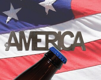 AMERICA Bottle Opener   Magnet Keychain (Laser Cut, Brushed Stainless Steel, Military, Beer, Veteran)