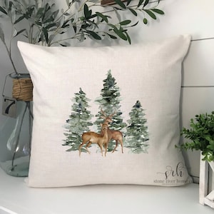 Winter Deer Pillow Cover: Forest Trees, Cozy Farmhouse Decor