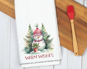 Snowman warm wishes waffle weave kitchen towel | Christmas kitchen decor | Farmhouse Christmas kitchen | Christmas gift | Holiday decoration