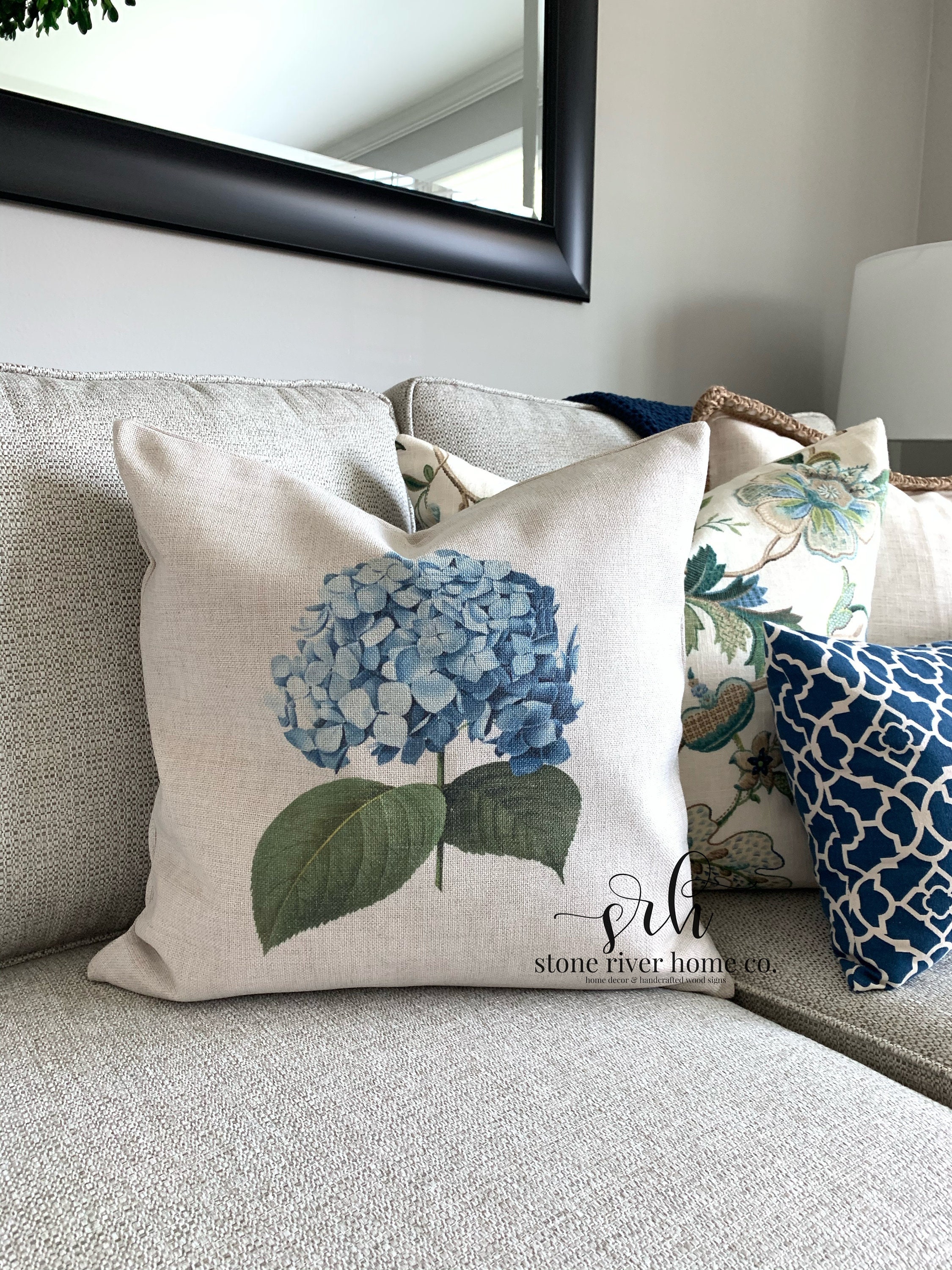 Large Scale Hydrangea Document Blue Floral Throw Pillow Cover