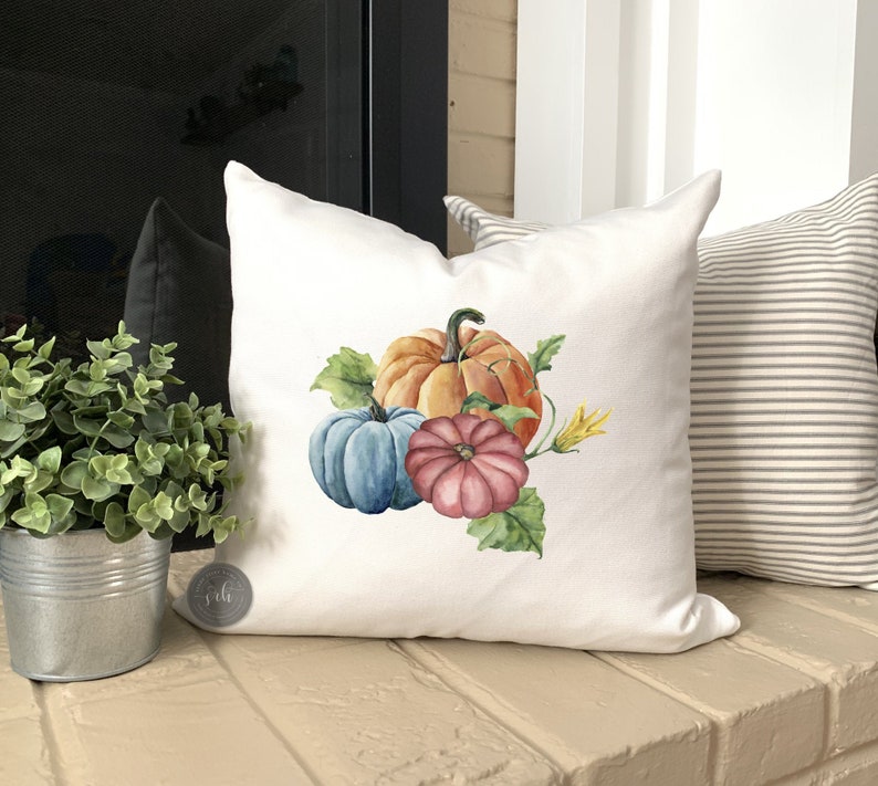 Fall Pumpkins Watercolor Farmhouse Fall Decor Pillow Cover Rustic Fall Decor Autumn Decor Harvest Pumpkins Blue Pumpkins image 1